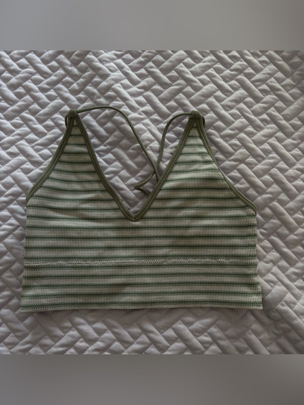 No Boundaries Green and White Striped Ribbed V-Neck Bandeau